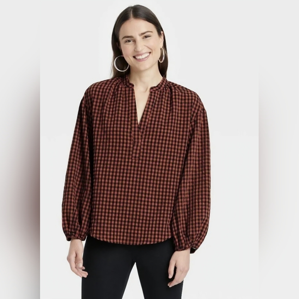 Black Rust Plaid V-Neck Ballon Longsleeves Medium Blouse Top